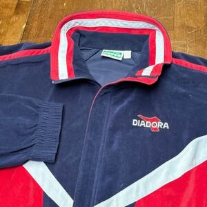 Vintage Diadora Track Jacket Mens 42 Navy Blue Velour Colorblock Soccer